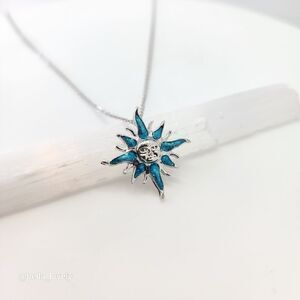 Tribal Hippie Blue Fire Opal Sun Necklace Bohemian Style Jewelry Gift